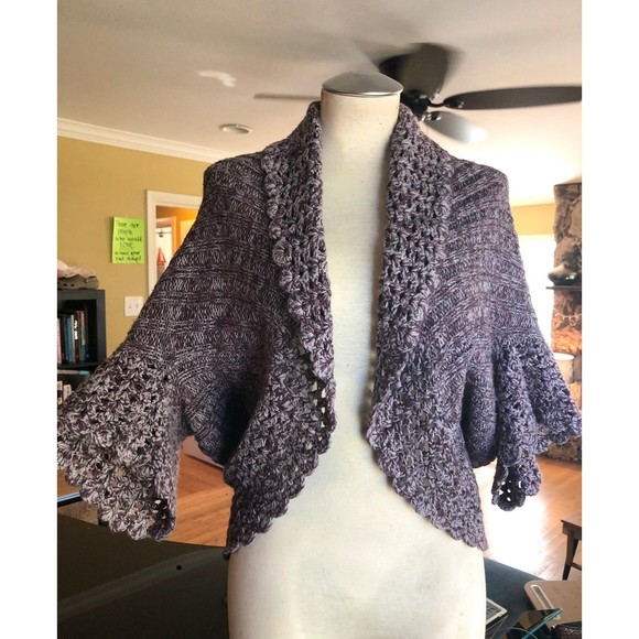 Nina Purple Heathered Angel Winged Sleeve Crocheted Circle Shrug Knit Sweater S - Picture 6 of 12